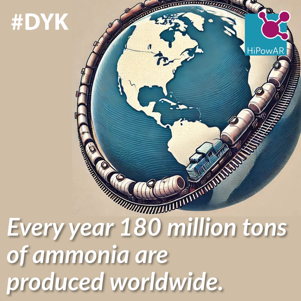 HiPowAR_EU's tweet photo. #DYK
Each year, 180M tons of ammonia are produced. Loaded into 55-ton tank wagons (17.6m each), the resulting freight train would stretch nearly 60,000 km—longer than the Earth's circumference! https://t.co/lfWVNbWG5z