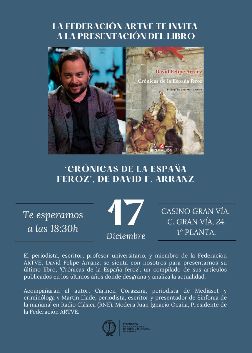ℹ️PRESENTACIÓN DE LIBRO📚 Nuestro compañero <a href="/dfarranz/">David Felipe Arranz</a> presenta con nosotros su último libro 'Crónicas de la España feroz', un repaso por la actualidad de los últimos años a través de sus útlimos artículos publicados. 

🗓️Martes 17, a las 18:30h
📍<a href="/CasinoGranVia/">Casino Gran Vía  ♣♦♥♠</a>

¿Nos acompañas?