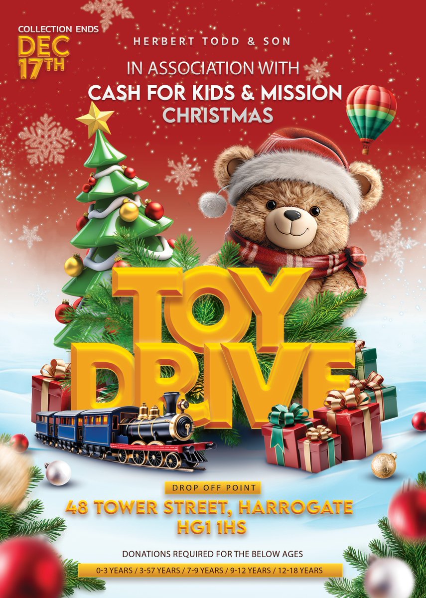🎁 Spread Joy This Christmas! 🎁

🗓️ Final Day for Donations: 17th December
📍 Drop-off Location: HERBERT TODD &amp; SON, 48 TOWER STREET, HARROGATE, HG1 1HS
🌐 Learn More About Mission Christmas:  cashforkids.org.uk/mission
🔗 Visit Us: htodd.co.uk

#GiftOfGiving #SpreadJoy