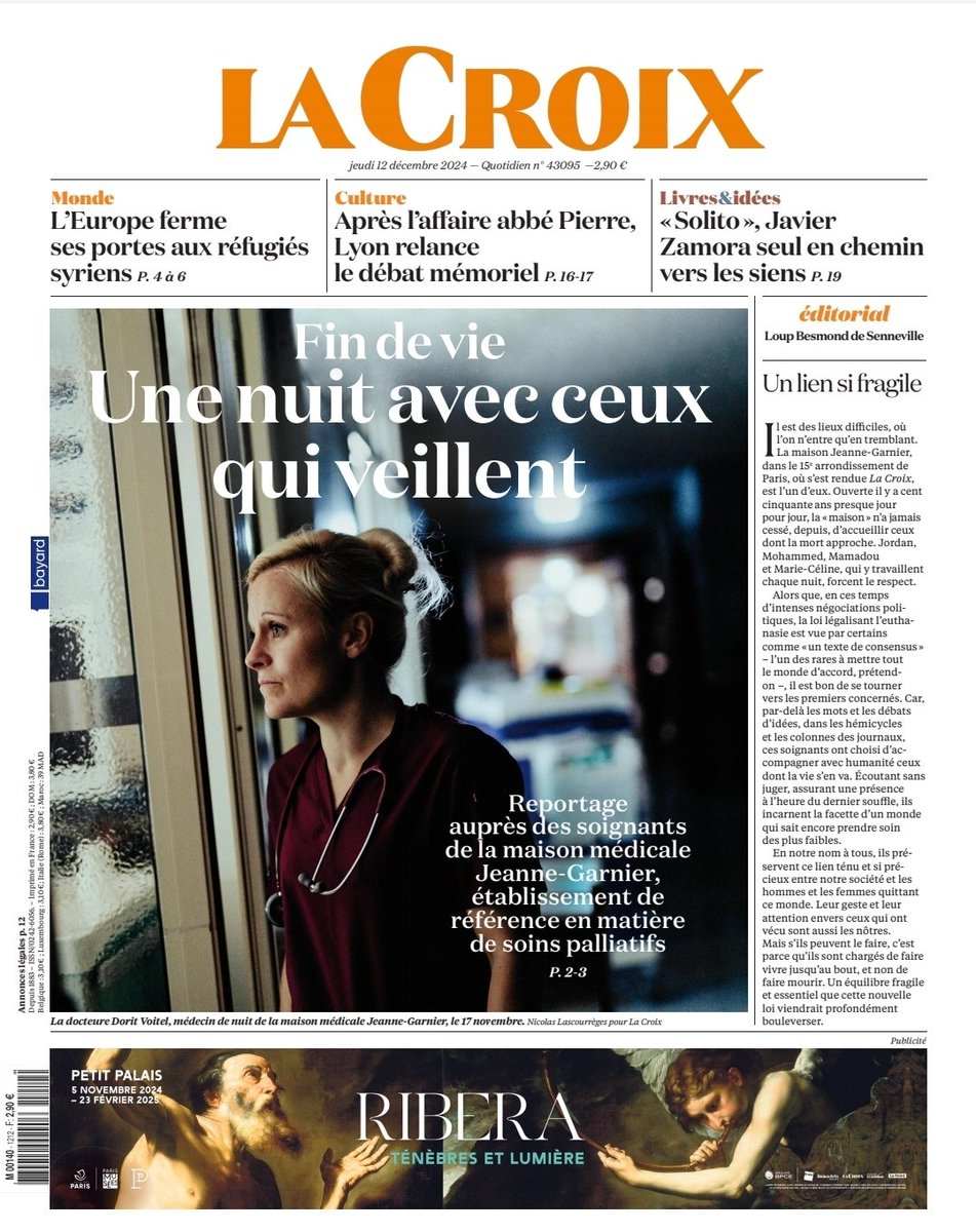 A la Une de <a href="/LaCroix/">La Croix</a> aujourd'hui, mon récit d'une nuit passée avec les "veilleurs de vie" de la Maison médicale Jeanne Garnier, à Paris, qui célèbre ses 150 ans. Et l'édito de <a href="/LB2S/">LB2S</a>  "Soins palliatifs : un lien si fragile" la-croix.com/a-vif/un-lien-… A la Une