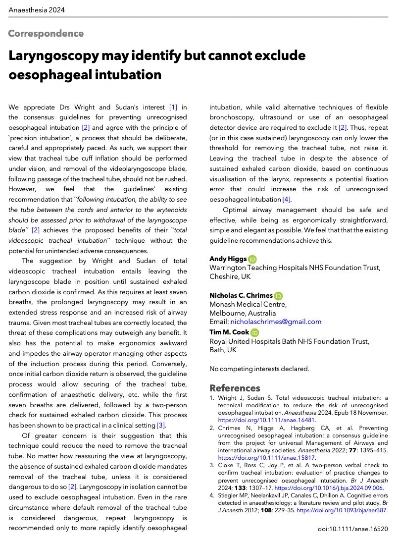 ππ―π’π¦π΄π΅π©π¦π΄πͺπ’ (@anaes_journal) on Twitter photo What are the disadvantages of 'total videoscopic tracheal intubation'?
β’ an extended stress response
β’ an increased risk of airway trauma
β’ awkward ergonomics
β’ prevents airway operator managing other aspects of induction
<a href="/NicholasChrimes/">Nicholas Chrimes</a> <a href="/doctimcook/">Tim Cook</a> <a href="/AndyHiggsGAA/">Andy HIGGS</a> What are the disadvantages of 'total videoscopic tracheal intubation'?
β’ an extended stress response
β’ an increased risk of airway trauma
β’ awkward ergonomics
β’ prevents airway operator managing other aspects of induction
<a href="/NicholasChrimes/">Nicholas Chrimes</a> <a href="/doctimcook/">Tim Cook</a> <a href="/AndyHiggsGAA/">Andy HIGGS</a>