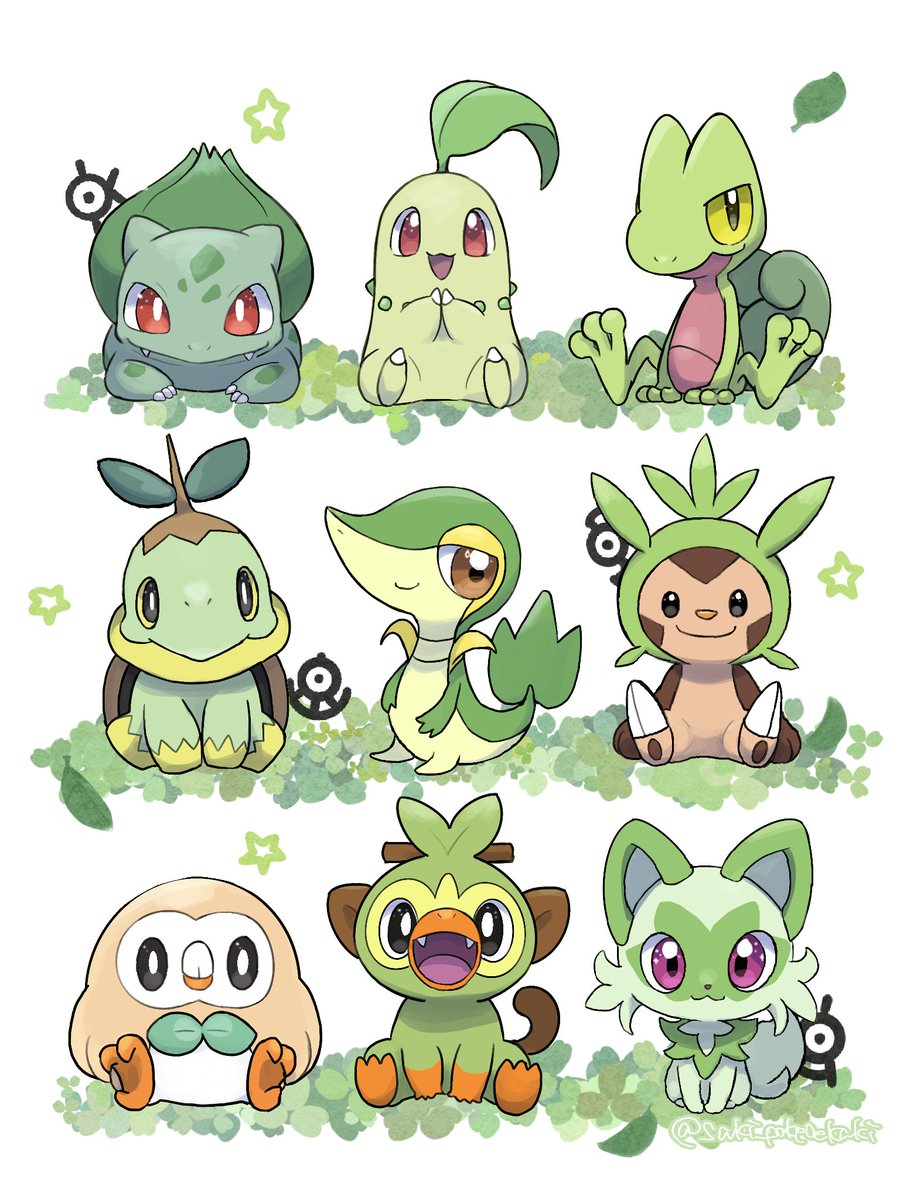 #今年も残りわずかなので今年一番伸びた絵を貼る
おすわり御三家の草タイプちゃんたちでした！🌿✨