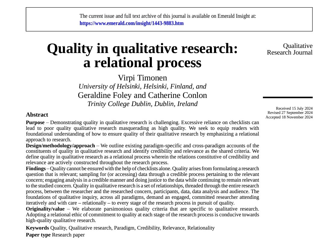 Geraldine Foley (@foleyg31) on Twitter photo Quality in qualitative research - Just published open access👇We outline a relational approach to quality in #qualitative research emerald.com/insight/conten…
V Timonen <a href="/helsinkiuni/">University of Helsinki</a> <a href="/foleyg31/">Geraldine Foley</a> <a href="/TrinityMed1/">School of Medicine, Trinity College Dublin</a> <a href="/tcd_ot/">TCD OT</a> <a href="/conlonce/">catherine conlon</a> <a href="/SWSP_TCD/">SWSP_TCD</a> <a href="/tcddublin/">Trinity College Dublin</a> <a href="/emeraldglobal2/">@emeraldglobal</a> #qualitative methods Quality in qualitative research - Just published open access👇We outline a relational approach to quality in #qualitative research emerald.com/insight/conten…
V Timonen <a href="/helsinkiuni/">University of Helsinki</a> <a href="/foleyg31/">Geraldine Foley</a> <a href="/TrinityMed1/">School of Medicine, Trinity College Dublin</a> <a href="/tcd_ot/">TCD OT</a> <a href="/conlonce/">catherine conlon</a> <a href="/SWSP_TCD/">SWSP_TCD</a> <a href="/tcddublin/">Trinity College Dublin</a> <a href="/emeraldglobal2/">@emeraldglobal</a> #qualitative methods