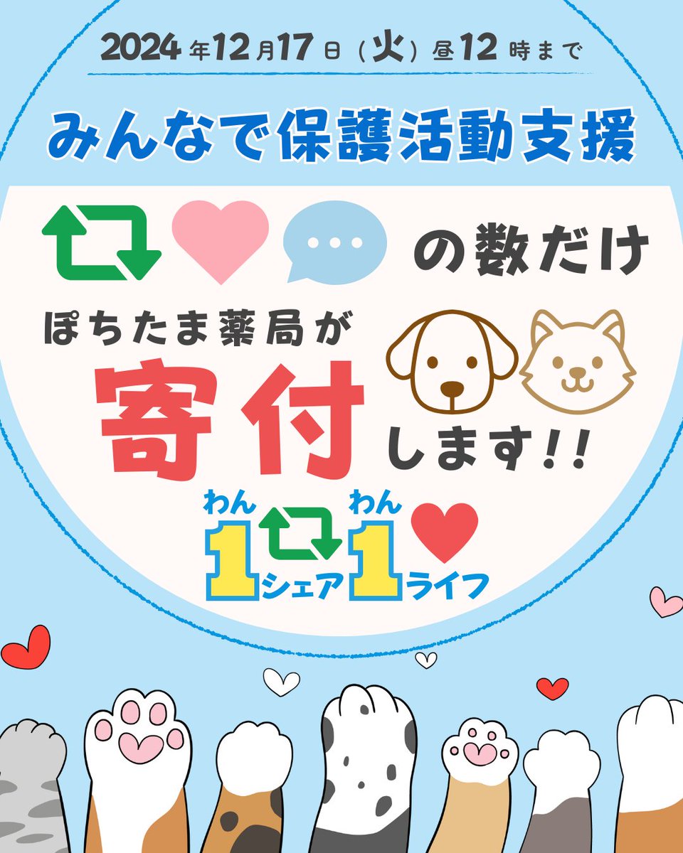pochi10tama's tweet photo. \\\ チャリティー企画 #1シェア1ライフ ///

この投稿の❤️♻️💬の分だけ
全国で保護活動を頑張る【 保護犬猫支援プログラム 】に参加中の保護活動者さんに寄付します⟡.·
ぽちたま薬局が皆さまの応援を"支援"に変えます✊🏻

みなさまの「❤️♻️💬」で、
応援よろしくお願いします(ง ･֊･)ง´-

𓐄𓐄𓐄𓐄𓐄𓐄𓐄𓐄𓐄𓐄𓐄𓐄𓐄𓐄𓐄𓐄𓐄𓐄𓐄𓐄𓐄𓐄𓐄𓐄 𓈄
〆 締切：12/17(火）昼12:00