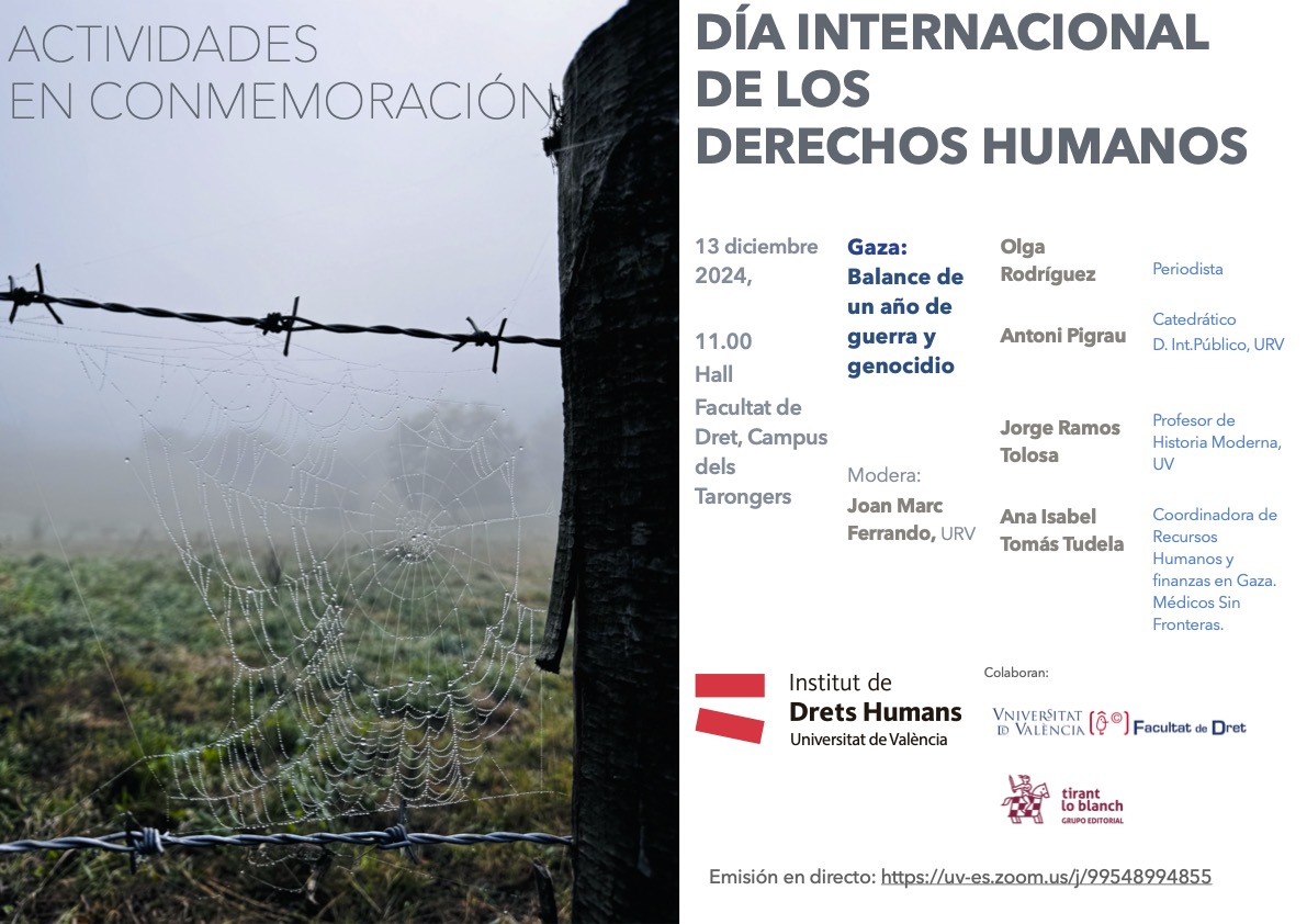 DretUV's tweet photo. Demà finalitzem la nostra #SemanaDDHH amb esta taula sobre #Gaza. Balanç d'un any de guerra i genocidi.
Hui, la defensa dels Drets Humans és un imperatiu.
Amb @olgarodriguezfr, @tonipigrau, Ana Tomás, @jorgertolosa i @jmarc_ferrando.
📅 13 de desembre
⏰ 11:00h
📍Hall @DretUV https://t.co/8JT4LUmNFc
