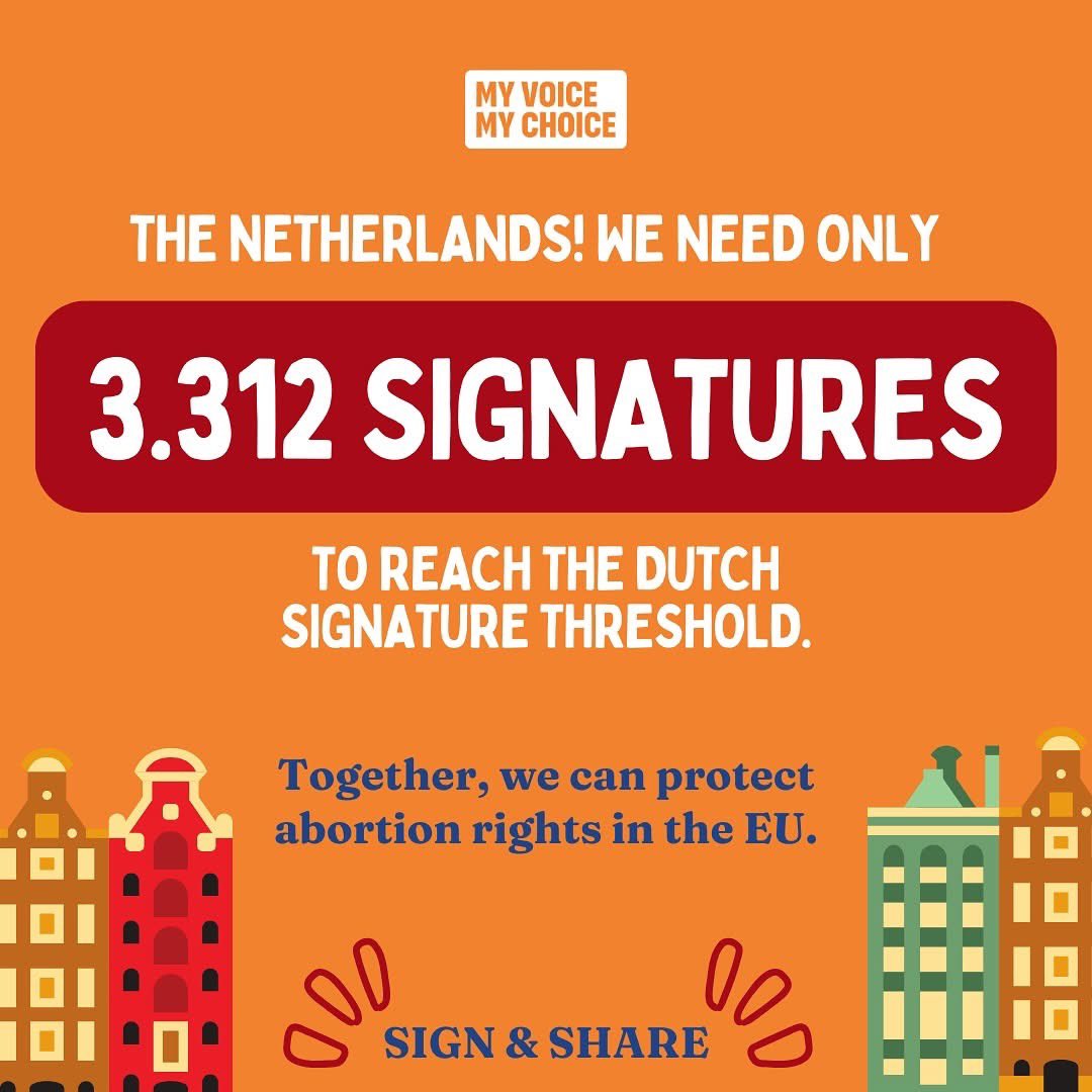 🇳🇱 We only need 3.312 more signatures to reach national threshold in the Netherlands! 🧡 

Sign &amp; share for safe abortion in the EU:
eci.ec.europa.eu/044/public/?lg…

#abortion #sign #myvoicemychoice #netherlans🇳🇱