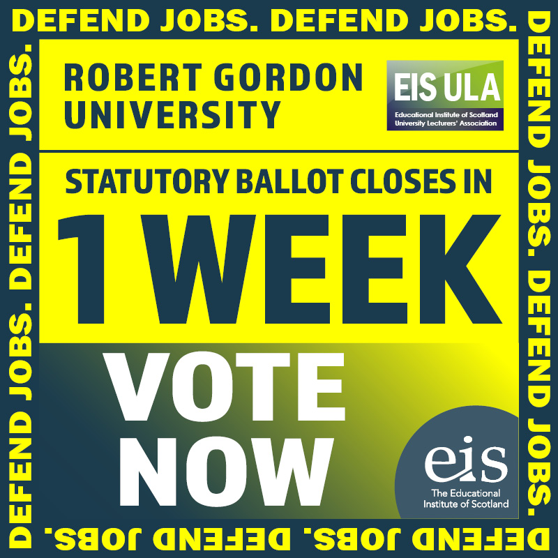 RGU members should have received their statutory ballot pack regarding RGU threat of redundancies. We recommend you vote YES! The ballot closes in 1 week. Don’t delay, post your ballot. #DefendJobs #RGU