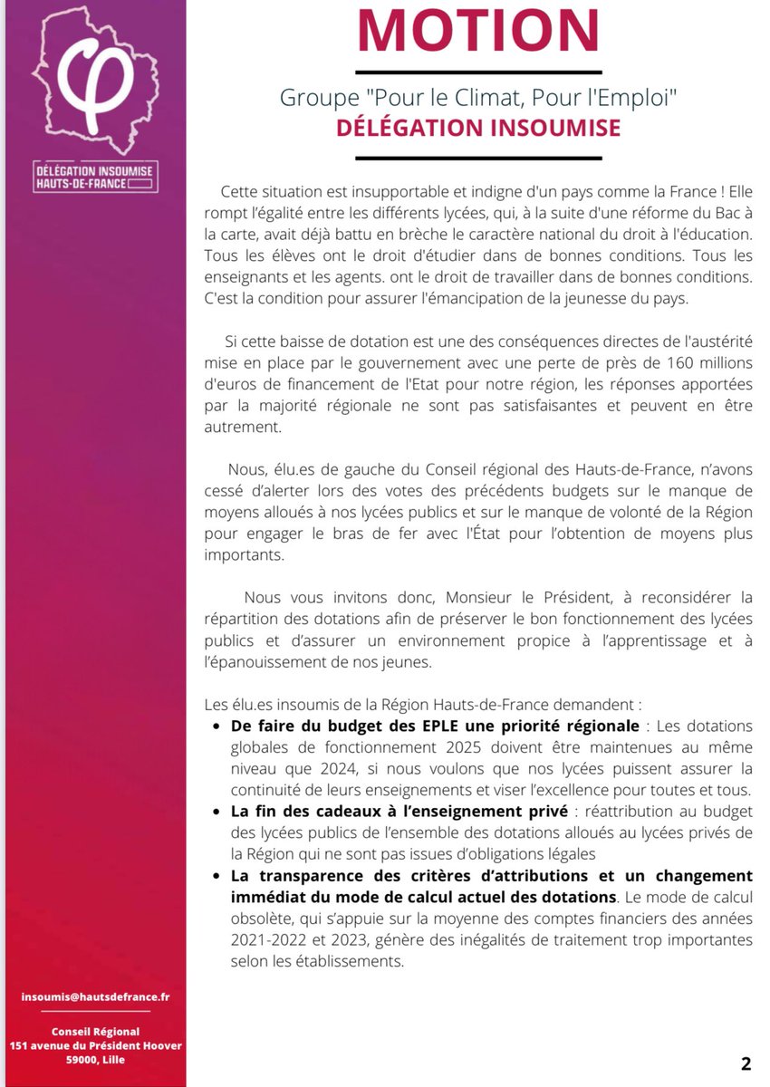 📣 La Délégation insoumise au Conseil Régional des Hauts-de-France est aux côtés des lycées, des enseignant.es et des élèves mobilisé.es face aux coupes budgétaires ! 

Aujourd’hui en séance plénière nous proposons une Motion et des amendements en soutien !