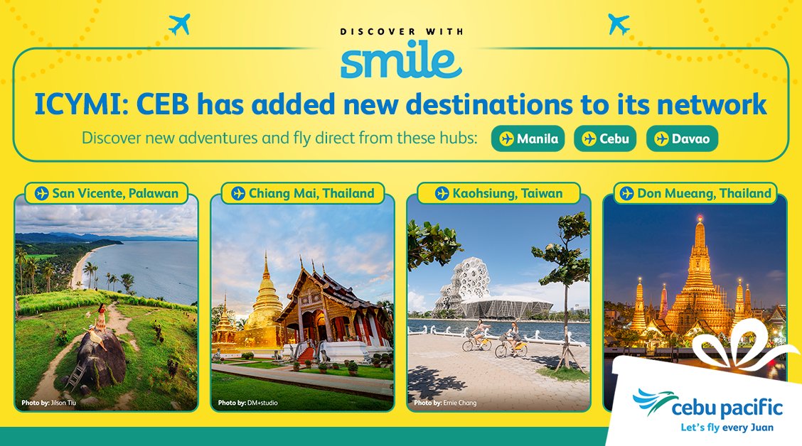 CebuPacificAir's tweet photo. Discover more exciting new adventures when you fly with Cebu Pacific across new routes to Palawan, Taiwan, and Thailand!

Book now and experience new thrills: https://t.co/dD1RSqg8Ji

#SmileWithCEB
#LetsFlyEveryJuan https://t.co/o9UhcobZwH
