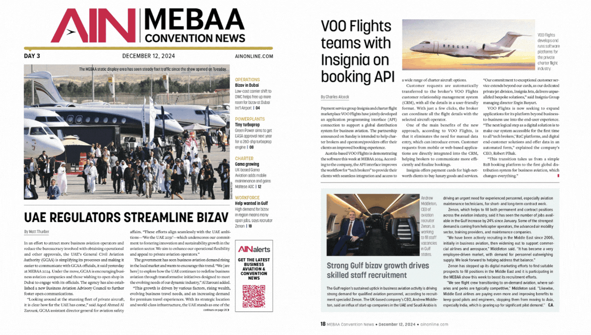 VooFlights's tweet photo. We’re thrilled to be featured by @AINonline  about our partnership with Insignia Group of Companies on #Booking  API during the @MEBAAshow 24! 
#bizav #MEBAA2024 #bizavnews https://t.co/IJeRdOb4c6
