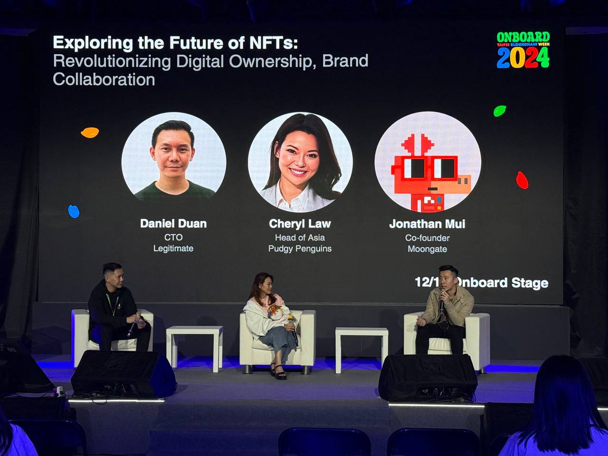 Taipei Blockchain Week (@taipeiweek) on Twitter photo Exploring the Future of NFTs: Revolutionizing Digital Ownership, Brand Collaboration
Daniel Duan <a href="/danduan/">Daniel Duan</a>, Legitimate <a href="/LegitimateTech/">Legitimate - The proof is in the tag.</a>
Cheryl Law <a href="/FoxyPenguinApe/">FoxyPenguin</a>, Pudgy Penguins <a href="/pudgypenguins/">Pudgy Penguins</a>
Jonathan Mui <a href="/JanitorJon/">Jon</a>, Moongate <a href="/Moongate/">Moongate</a>
#TBW2024 Exploring the Future of NFTs: Revolutionizing Digital Ownership, Brand Collaboration
Daniel Duan <a href="/danduan/">Daniel Duan</a>, Legitimate <a href="/LegitimateTech/">Legitimate - The proof is in the tag.</a>
Cheryl Law <a href="/FoxyPenguinApe/">FoxyPenguin</a>, Pudgy Penguins <a href="/pudgypenguins/">Pudgy Penguins</a>
Jonathan Mui <a href="/JanitorJon/">Jon</a>, Moongate <a href="/Moongate/">Moongate</a>
#TBW2024