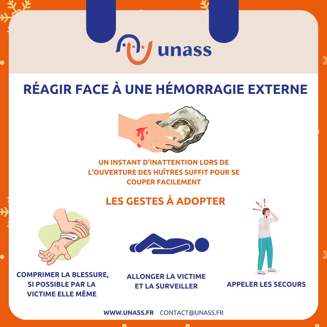 UNASS_fr's tweet image. Un instant d’inattention pendant l’ouverture des huîtres peut entraîner une coupure et provoquer une hémorragie. N’oubliez pas de connaître les bons réflexes pour réagir rapidement et efficacement.

#UNASS #calendrier #secourisme #premiersecours #GestesQuiSauvent #Urgence