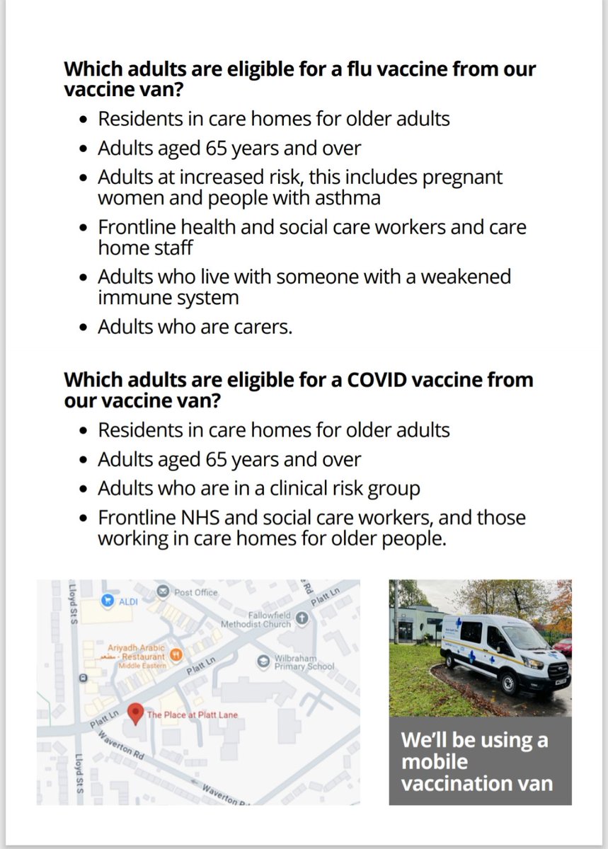 FREE covid and flu jabs will be available from <a href="/ThePlaceM14/">The Place At Platt Lane</a> today, between 2pm and 6pm. 

To find out if you are eligible for a flu or covid vaccine, please see the information below 👇