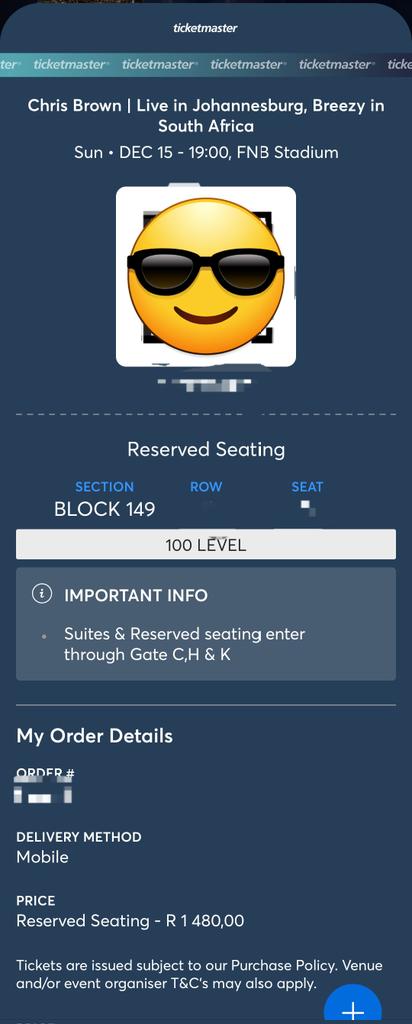 YoBoiDon_22's tweet photo. Selling x2 Chris Brown tickets (Reserved Seating- Block 149) AND x1 Parking (Exclusive Parking at the venue) for the 15th of December. 

DM me if interested. RT for awareness. 

#ChrisBrown #ChrisBrownLiveInJohannesburg https://t.co/ThK4aMvRdw