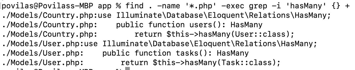 PovilasKorop's tweet photo. 4 useful Terminal commands for Laravel developers.

========

1. "grep"

Example: Search for `dd(` in the project files.

```
grep -r "dd(" app/
```

========

2. "find" + "grep"

Example: find all PHP files with `hasMany` inside

```
find . -name '*.php' -exec grep -i 'hasMany' {} +
```

========

3. "alias"

Assign the most commonly executed command to a shorter alias.

```
alias art="php artisan"
art inspire
```

========

4. "tail" with "-n"

See only last 20 lines of the log:

```
tail -n 20 storage/logs/laravel.log
```

========

Anything else you would add to this list?