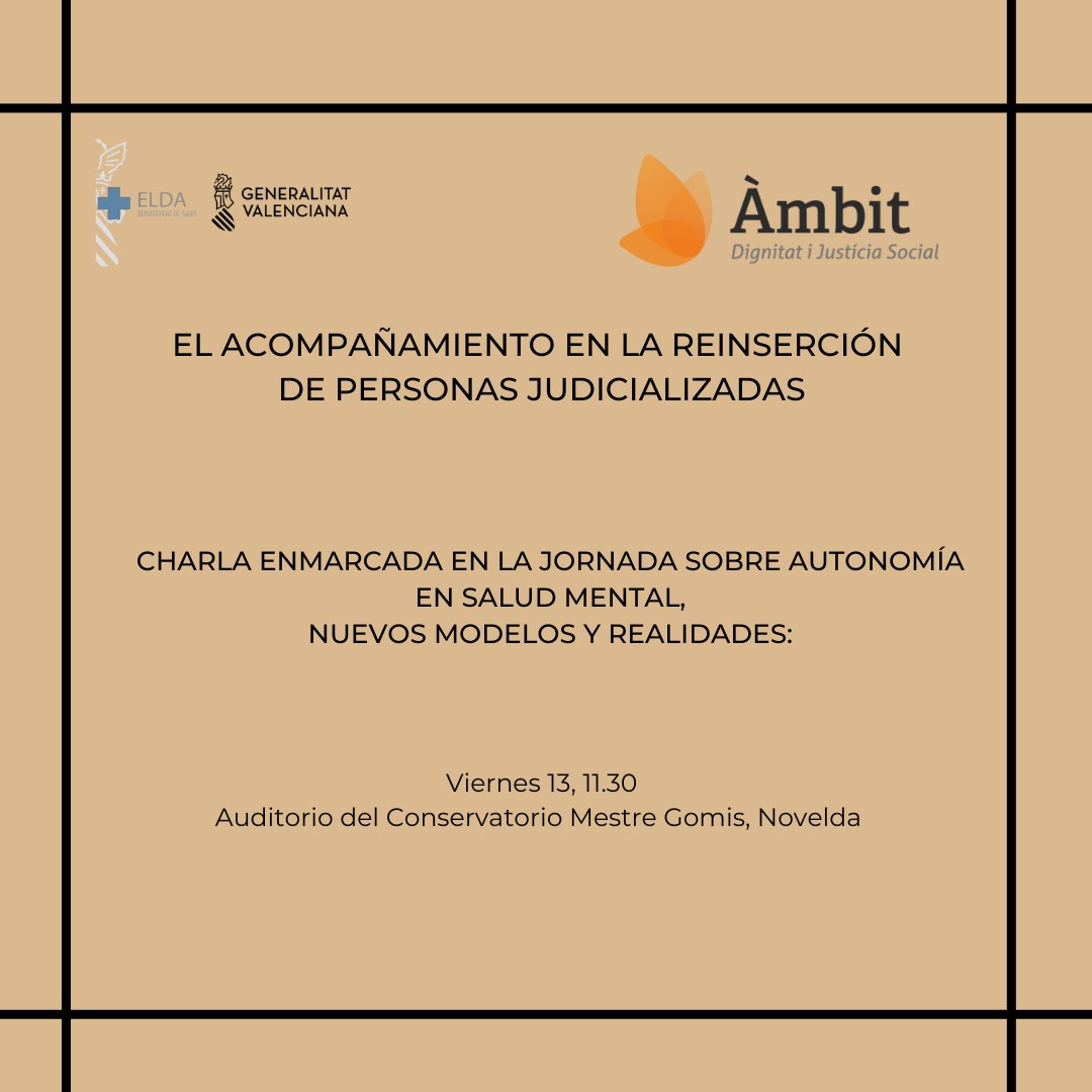 Mañana participamos en la jornada sobre autonomía y salud mental organizada por el Departament de Salut de Elda, hablando sobre el acompañamiento en la reinserción de personas judicializadas.