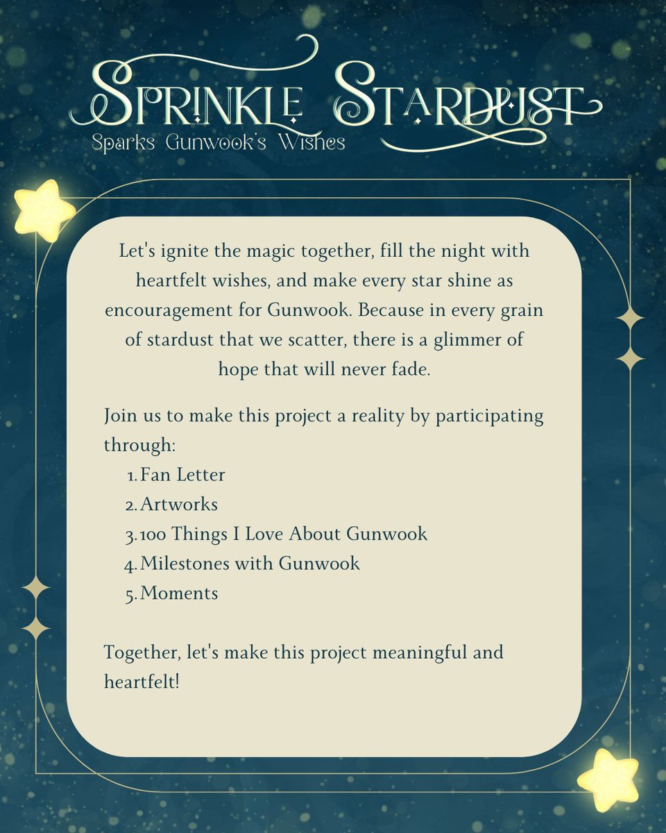 WishUponGunwook's tweet photo. 🌟 A dream begins with a wish, and a wish begins with you 🌌

Sprinkle Stardust, Spark Gunwook's Wishes is more than a fanbook—it’s a journey to light up Gunwook’s world with your letters, art, and heartfelt dreams. Our journey begins now! 

#SprinkleSparkle #SparksGunwooksWishes https://t.co/ukZTm07ObX