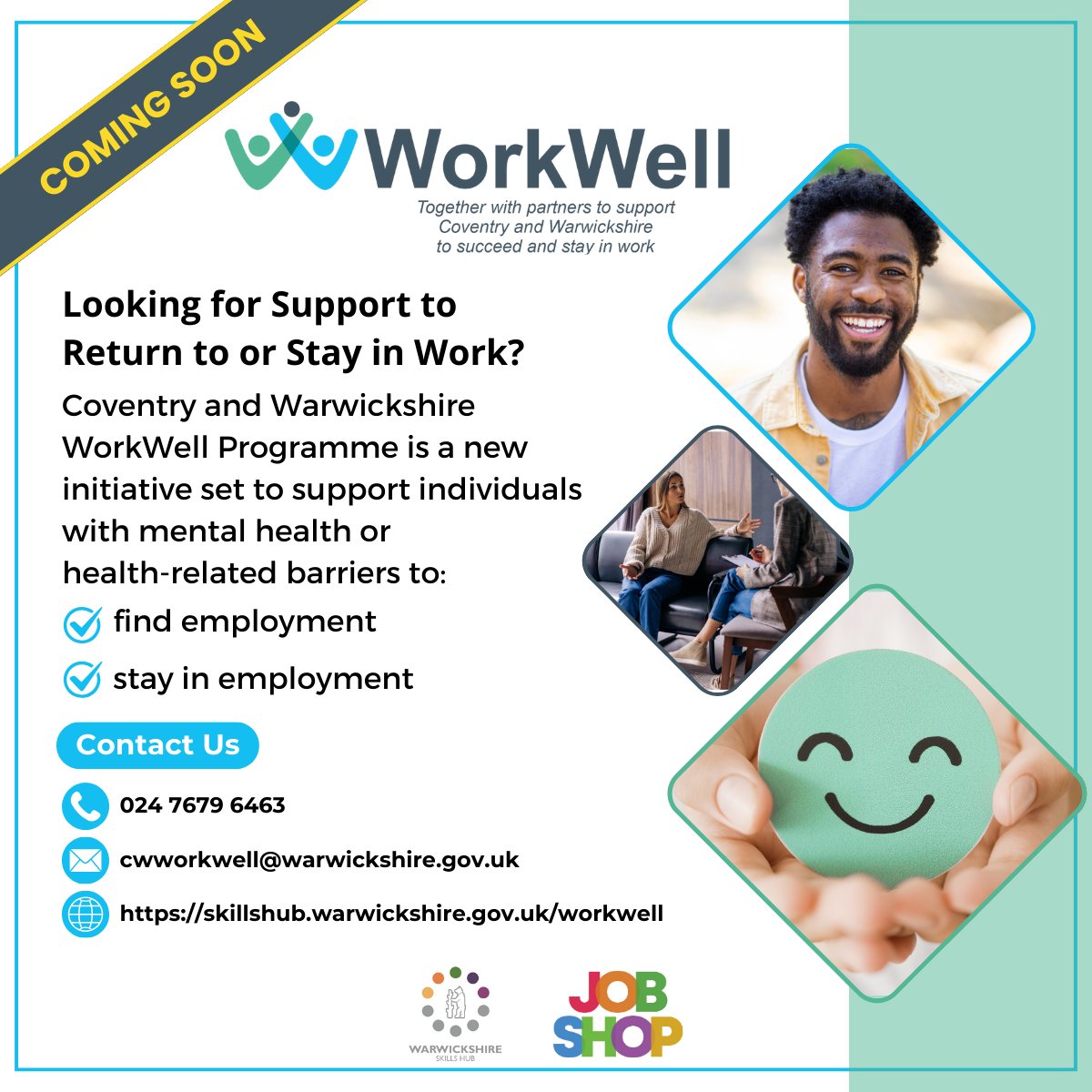 Looking for Support to Return to or Stay in Work?

We are thrilled to announce the launch of WorkWell on 16th of December, a free service in Coventry and Warwickshire helping individuals overcome mental health or health-related challenges affecting their  employment.