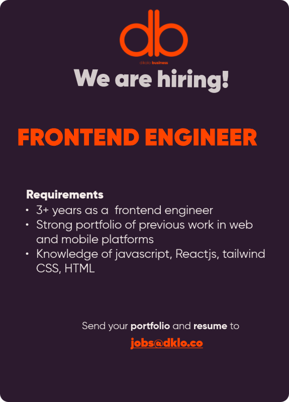 DikaloOfficial's tweet photo. Dikalo is growing fast. We are looking for a strong and passionate frontend engineer to join our team. 

If you are passionate about impactfull projects Dikalo is the place to be. Join us 🥰 https://t.co/Fo9jEYWGkT