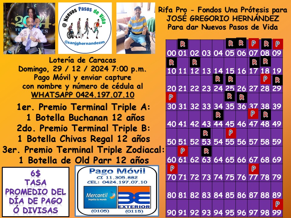 El próximo 29-12, sorteo de rifa pro fondos Una Prótesis para José Gregorio Hernández y pueda dar Nuevos Pasos de Vida. Aún números disponibles.