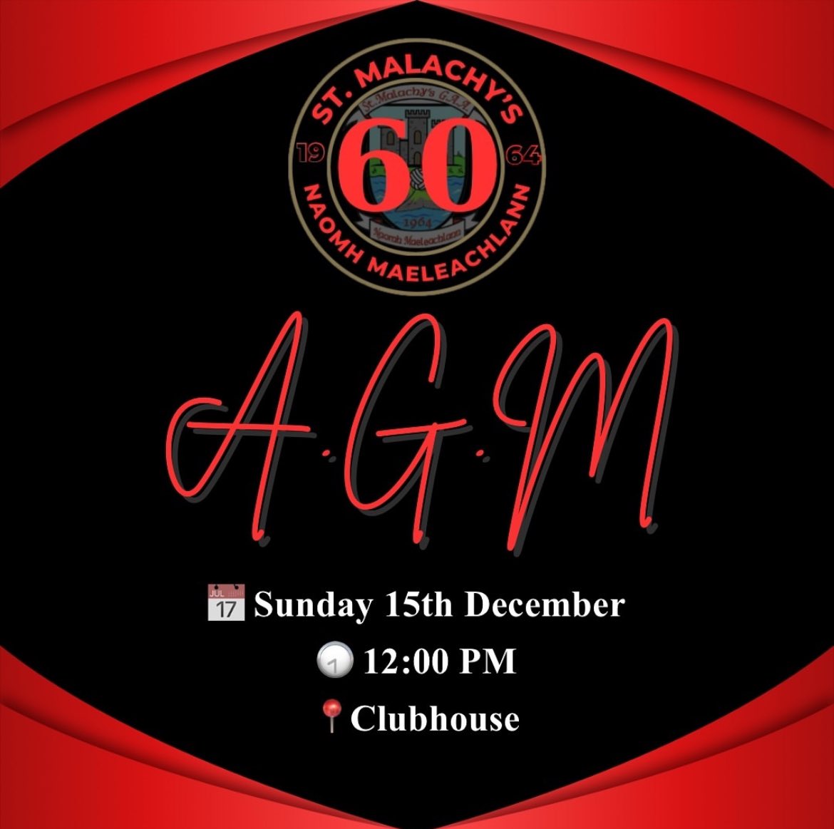 A reminder that the St Malachys AGM is on this Sunday at 12 noon in the complex. We look forward to welcoming as many new faces as possible. Any nominations can be forwarded to Sinead before Friday❤️🖤
