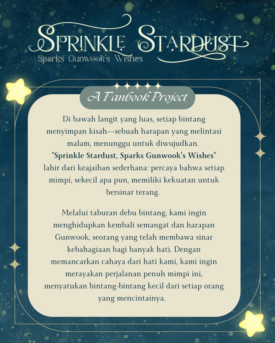 WishUponGunwook's tweet photo. 🌟 Sebuah mimpi dimulai dengan harapan, dan harapan dimulai dari kamu 🌌

Sprinkle Stardust, Spark Gunwook's Wishes adalah perjalanan menerangi dunia Gunwook dengan surat, karya, dan impianmu. Perjalanan ini dimulai sekarang!

#SprinkleSparkle #SparksGunwooksWishes https://t.co/hQ5dfjv3IW