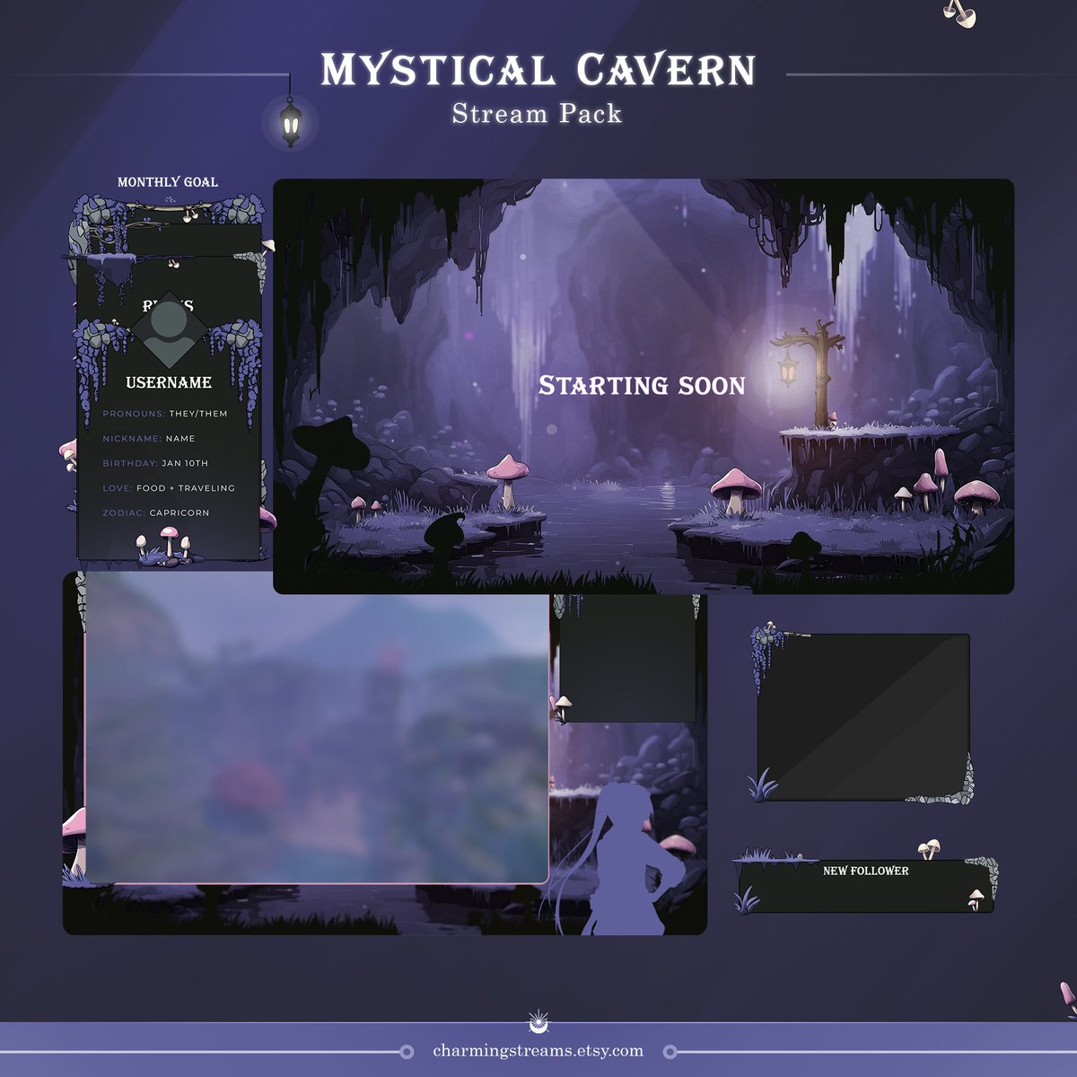 ✦Mystical Cavern Stream Pack✦ 
✦For Streamers and  Vtubers   
✦ Animated + Static Overlays   
✦ Customizable Element Layouts 
✦ Decorations
