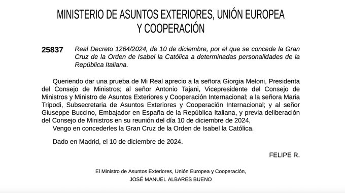 La manera de combatir a la ultraderecha no es 
condecorar a la neofascista Giorgia Meloni por el gobierno de España.
Siento vergüenza.