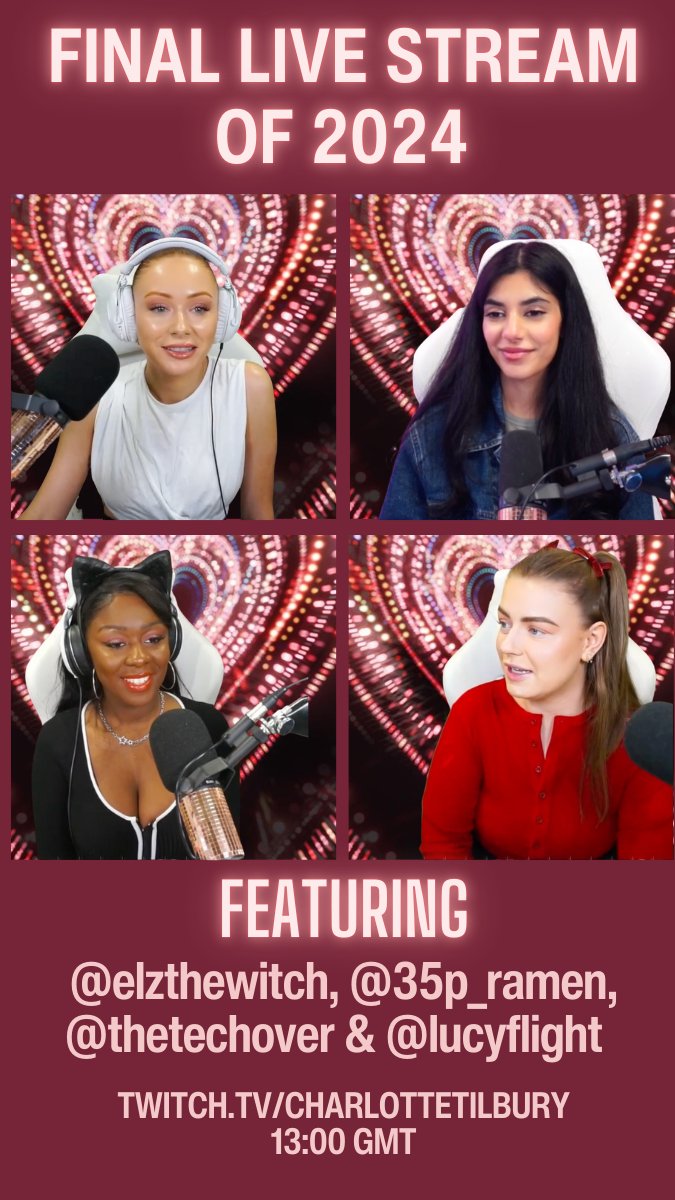Charlotte Tilbury Beauty (@ctilburymakeup) on Twitter photo Darlings! Donโt miss our FINAL LIVE STREAM of the year today! Tune in to hear our gorgeous guests + hosts chat beauty, gaming + a magical GIVEAWAY! ๐ LIVE <a href="/1PM/">เป</a> GMT ๐ <a href="/35p_Ramen/">Ramen</a> <a href="/elzthewitch/">Elz</a> <a href="/lucyflight/">L u c y ๐ชฟ</a> <a href="/The_Techover/">IG: TheTechover</a> ๐ Darlings! Donโt miss our FINAL LIVE STREAM of the year today! Tune in to hear our gorgeous guests + hosts chat beauty, gaming + a magical GIVEAWAY! ๐ LIVE <a href="/1PM/">เป</a> GMT ๐ <a href="/35p_Ramen/">Ramen</a> <a href="/elzthewitch/">Elz</a> <a href="/lucyflight/">L u c y ๐ชฟ</a> <a href="/The_Techover/">IG: TheTechover</a> ๐