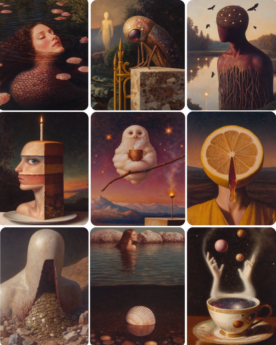 AleRVG's tweet image. ✨ 𝐂𝐨𝐧𝐭𝐞𝐦𝐩𝐨𝐫𝐚𝐫𝐲 𝐬𝐮𝐫𝐫𝐞𝐚𝐥𝐢𝐬𝐦✨ 

If there's a Sref that has completely captivated me, it's this one. 
I've had it saved for a while, and its results are a continuous stream of visual metaphors that completely draw me in.
☁️I hope you enjoy it as much as I do!…