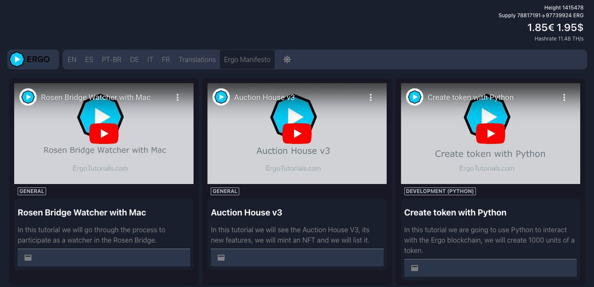 ERGkleure's tweet image. From @ErgoTutorials you can learn many things about @ergo_platform:

How to configure your #Rosen Bridge watcher
How to run the #Ergo node with Mac
How to Buy #SigmaUSD and #SigmaRSV
and many more.

Find them here in several languages: ergotutorials.com