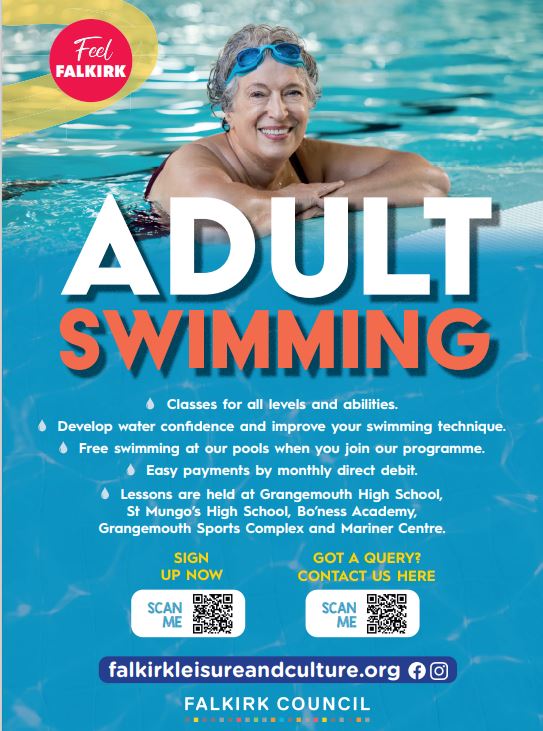 Learn to swim with Falkirk Council! 🏊‍♀️🏊‍♂️ Early bird discount: £19.10/month. 450+ classes for all ages. No joining fee. Free public swim. Secure your spot for Jan 2025. Sign up now: [QR code link] or call 01324 506850. #Falkirk #LearnToSwim #SwimmingLessons