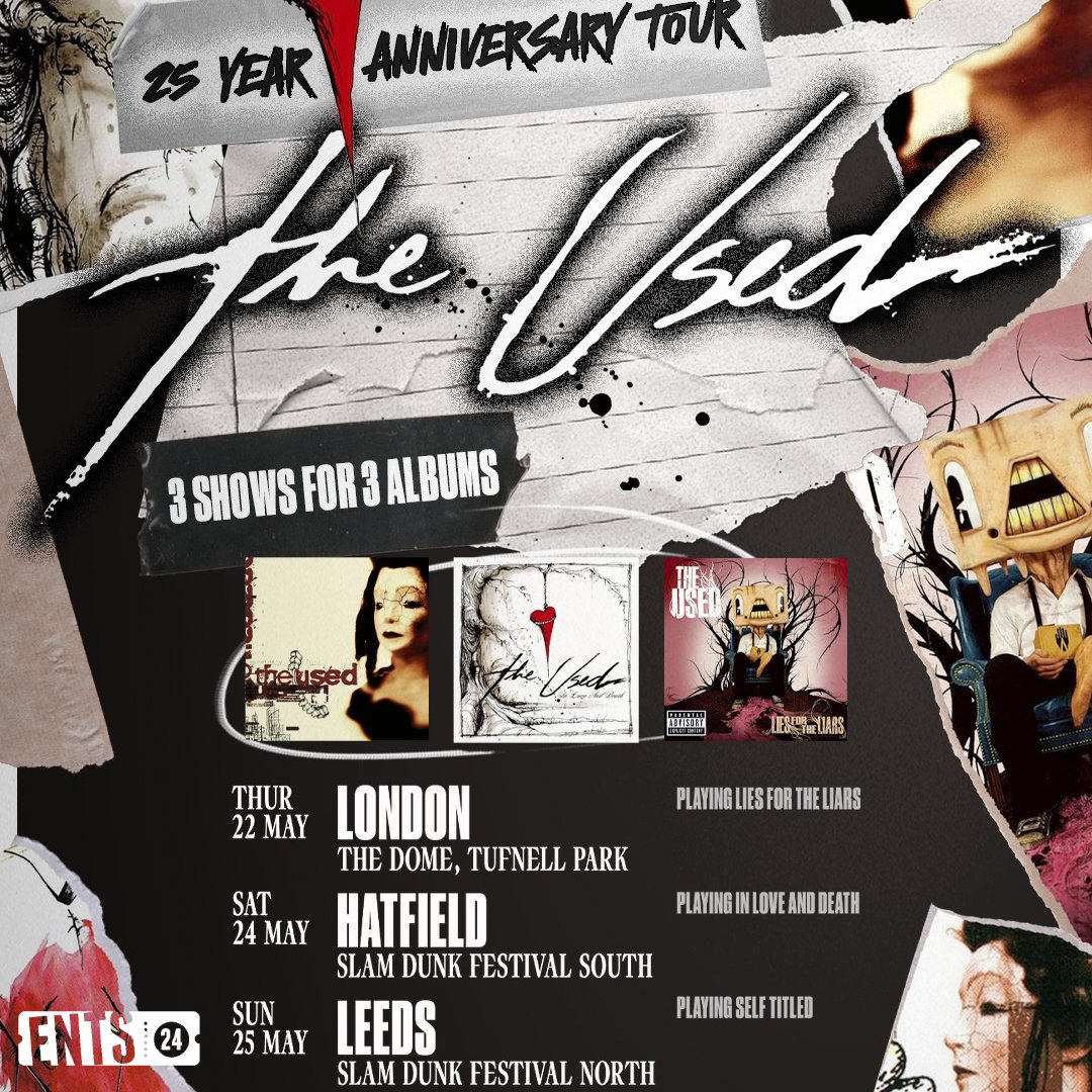 🎉 To celebrate 25 years together, #Theused are playing a one-off London show – featuring their iconic 2007 album Lies for The Liars performed in full! 🎶🔥
🎟️ Tickets go on sale Friday December 13th at 10am: 👉 ents24.com/uk/tour-dates/…
#LiveMusic #thedome #musicnews #ents24