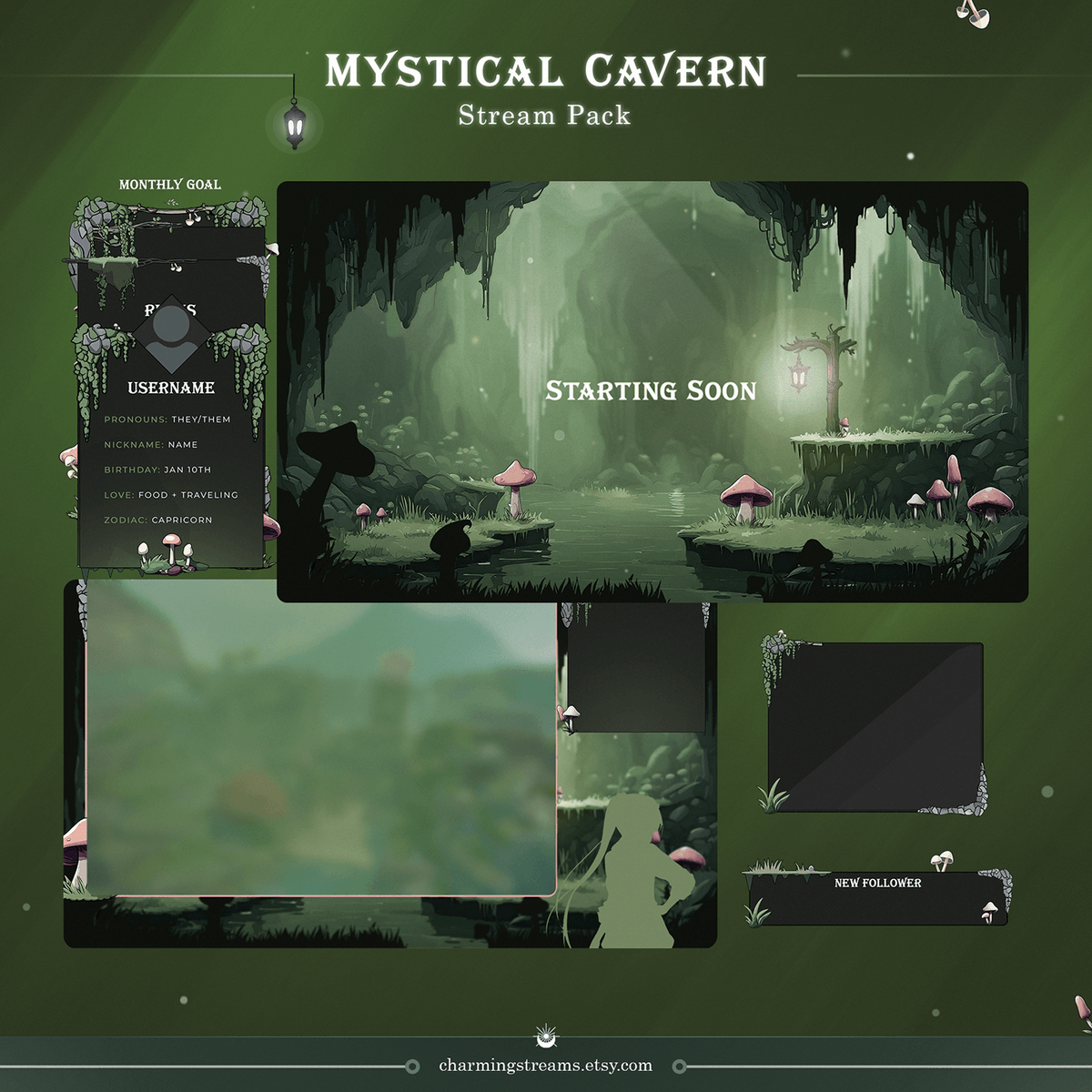 Green Version of the Mystical Cavern Stream Pack
- Animated Overlays
- Customizable Template Panels
- Modular Elements