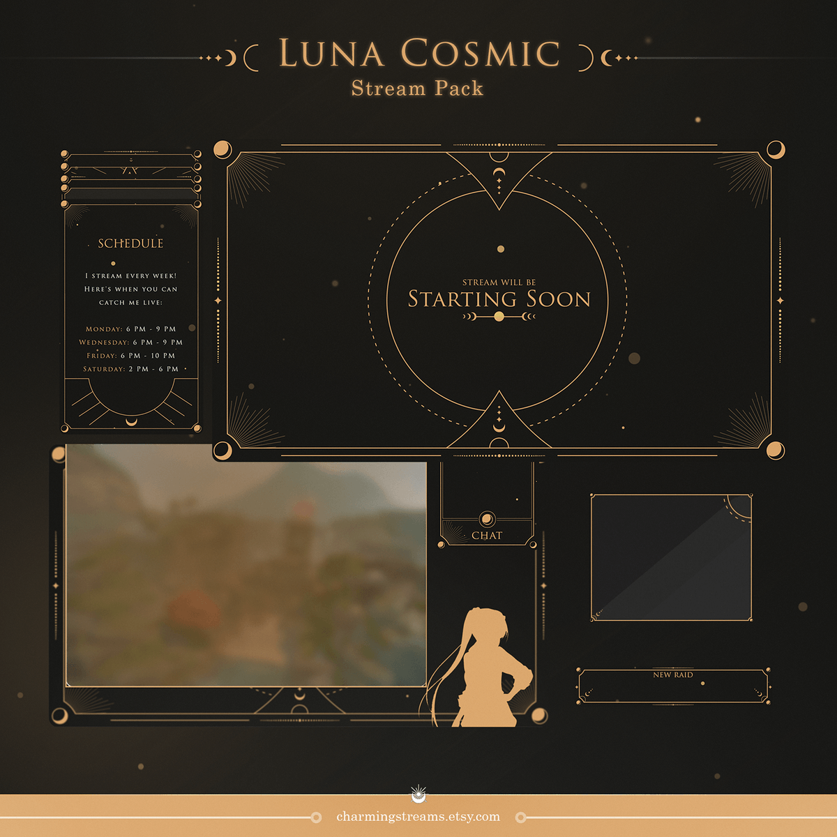 Luna Cosmic Streamer Pack

⤷ Black n Gold
⤷ Animated + Static
⤷ Tarot Card Style
⤷ Customizable Tarot card Panels

#Vtubers #VTuberAssets #Twitch #VtuberDebut #twitchstreamer #Vtuber #twitchstreaming #twitchgaming #streamers #streampack