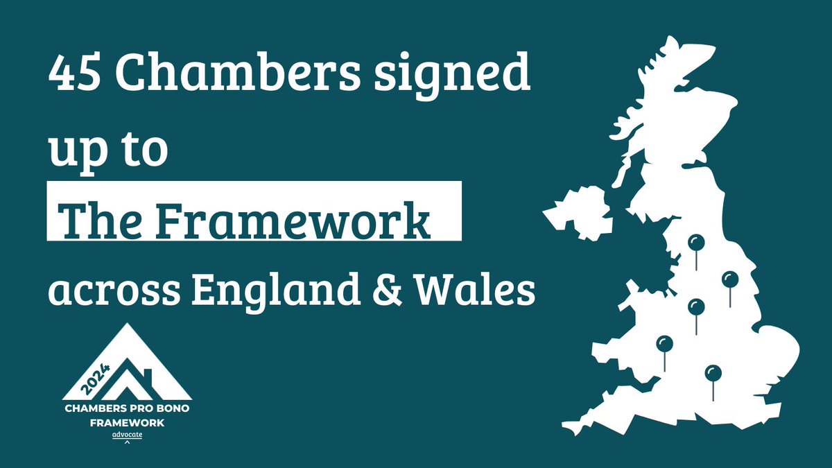 WeAreAdvocate's tweet image. 45 chambers from across the country signed up to the Chambers Pro Bono Framework in 2024 to help us improve access to justice! 🙌 ⚖️

If your set would be interested in joining #TheFramework in 2025, find out more and get in touch below. ⬇️

bit.ly/CPBF2023