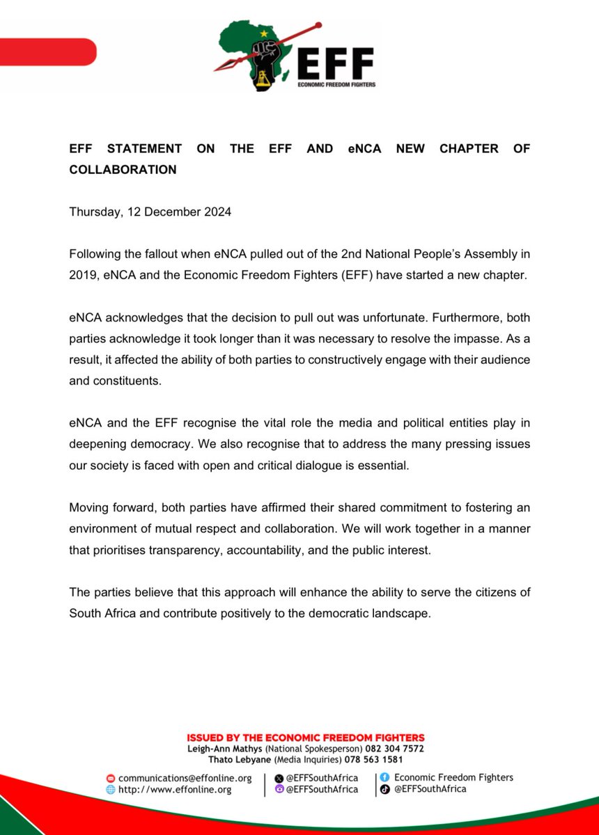 EFF STATEMENT ON THE EFF AND eNCA NEW CHAPTER OF COLLABORATION