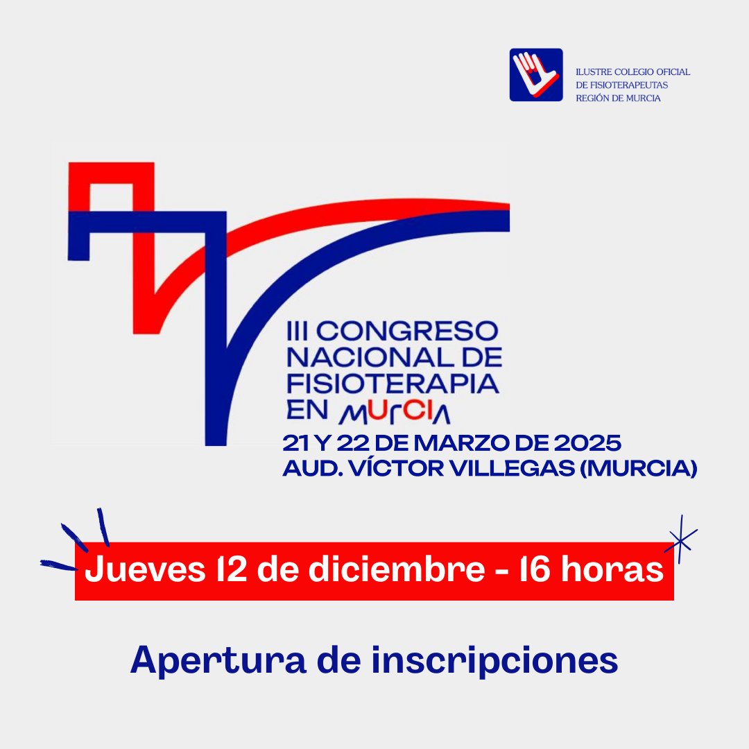 🎙️ ¡Ponentes de lujo en el III Congreso Nacional de Fisioterapia en Murcia! compartirán su experiencia en talleres y mesas redondas.
🗓️ 21-22 de marzo de 2025
💺 ¡No te quedes sin tu plaza! 🪑
🔗 Inscríbete hoy! A las 16:00h. 👇
…nadasfisioterapiauci.cfisiomurcia.com