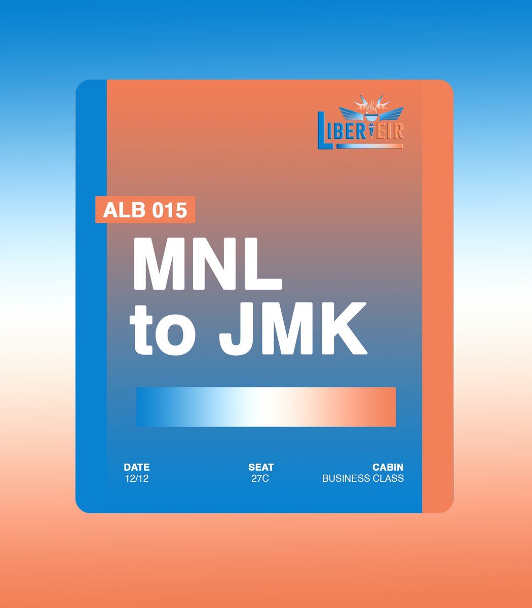 AirLiberteir's tweet image. ㅤ 

               #LIBERTÉIR
               Boarding Pass.

               ALB   0015 ›  MNL to JMK
               12 DEC ‘24  ፧  17.00 (GMT +8)

ㅤㅤ