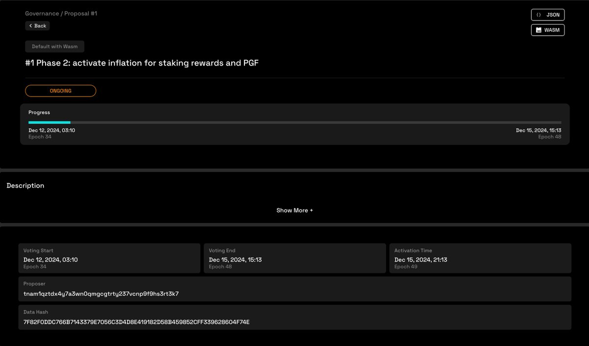 Namada (@namada) on Twitter photo The governance proposal to advance to mainnet phase 2 - activating staking rewards & public goods funding - is now up for a vote.
If the proposal is successful, you'll have until Sunday to start staking NAM before it's enacted.
Get on it!
namada.net/apps The governance proposal to advance to mainnet phase 2 - activating staking rewards & public goods funding - is now up for a vote.
If the proposal is successful, you'll have until Sunday to start staking NAM before it's enacted.
Get on it!
namada.net/apps