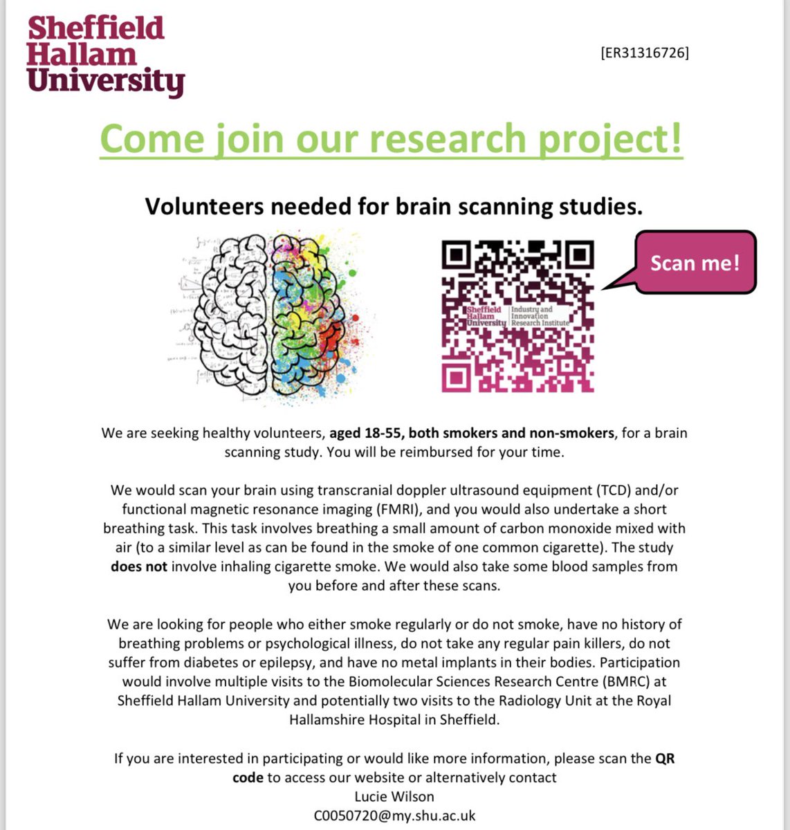 Luciewilson720's tweet photo. Are you interested in participating in a #researchstudy ?

I am still recruiting participants for my brain scan study at #sheffieldhallam university.
You would be reimbursed with shopping vouchers for your time. 

Feel free to get in touch/circulate if interested. https://t.co/GlTxHBt9Lk
