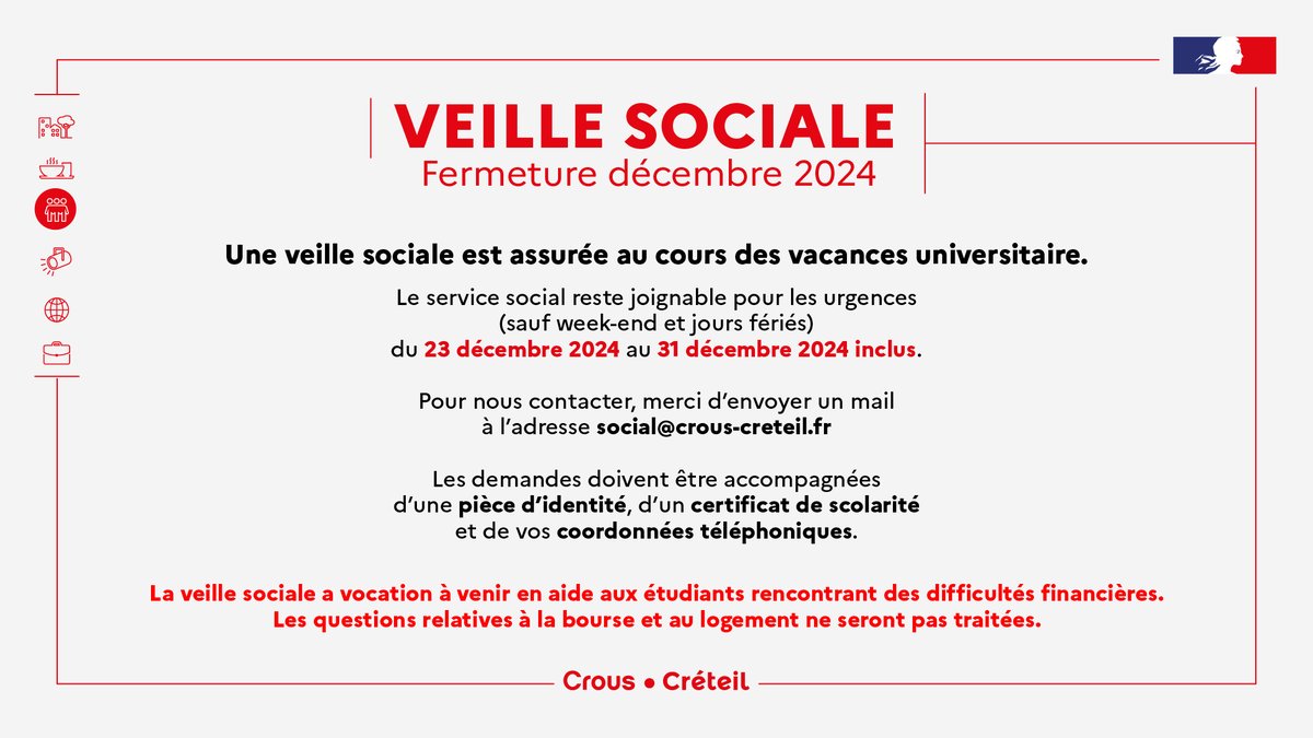 [🔴 INFO CROUS - VEILLE SOCIALE] Fermeture décembre 2024