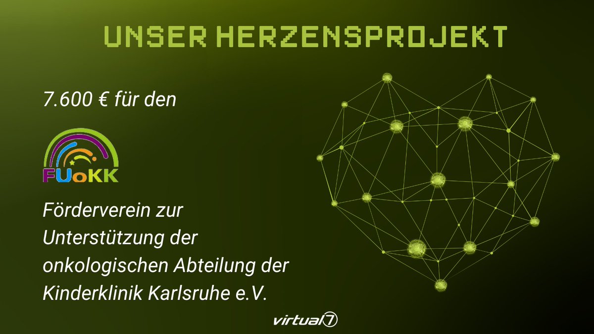 #Weihnachten 🎄 – Zeit des Gebens!
Getreu unserem Wert #LiveTheSpirit spenden wir 3.800 € an den Förderverein zur Unterstützung der onkologischen Abteilung der Kinderklinik Karlsruhe e.V. 💚 Das Beste: Unsere Managing Directors verdoppeln den Betrag auf 7.600 €! #virtual7gmbh