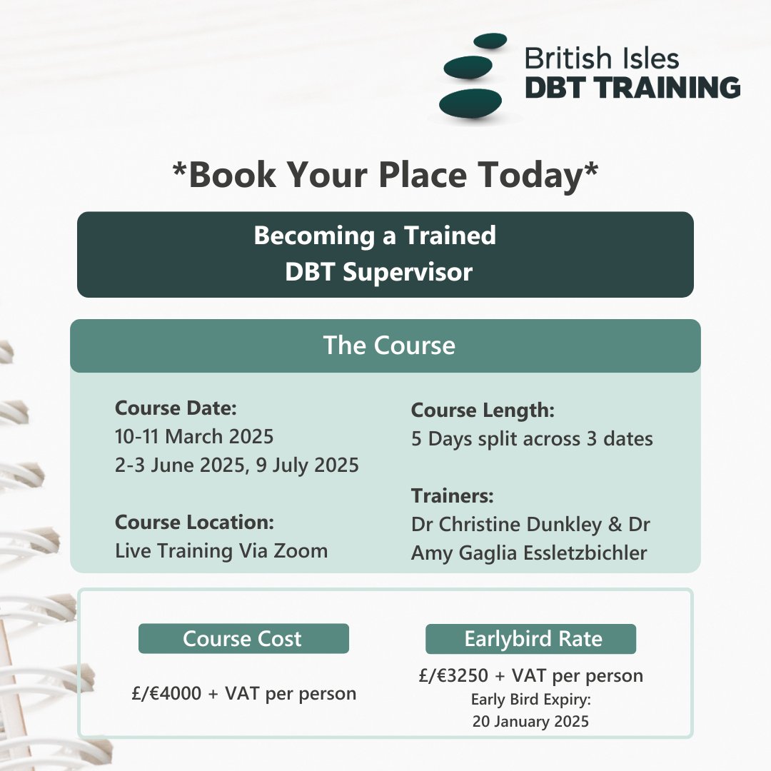 Becoming a Trained DBT Supervisor ✅

Taking place:

10-11 March 2025 &amp;
2-3 June 2025, 9 July 2025

dbt-training.co.uk/course/becomin…

#dbtsupervisor #dbttraining #dbtcourses