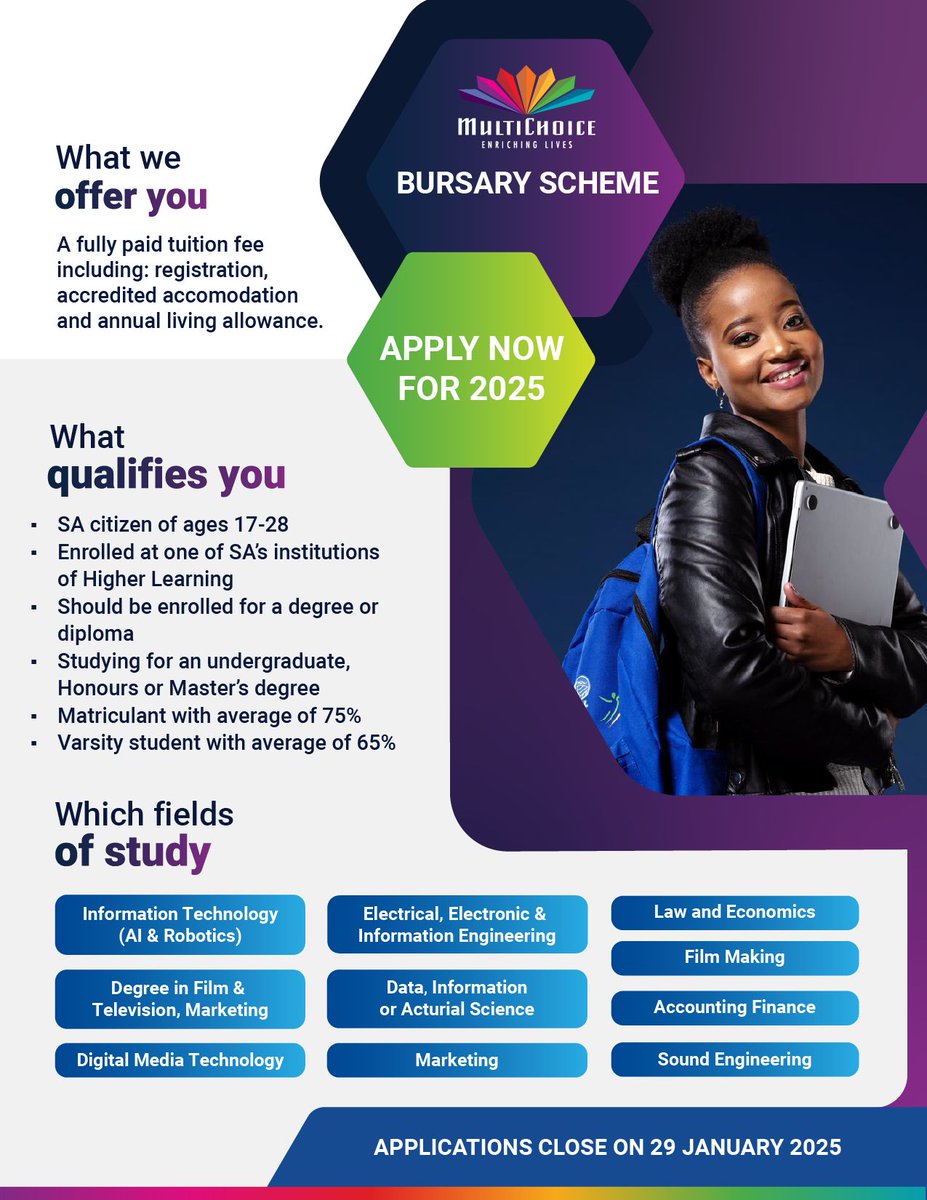MultiChoice Bursary 2025

For the 2025 academic year, MultiChoice is offering 230 bursaries to undergraduate and postgraduate students pursuing studies in critical and scarce skill fields. 

These include disciplines within the STEM education in South Africa, as well as media and