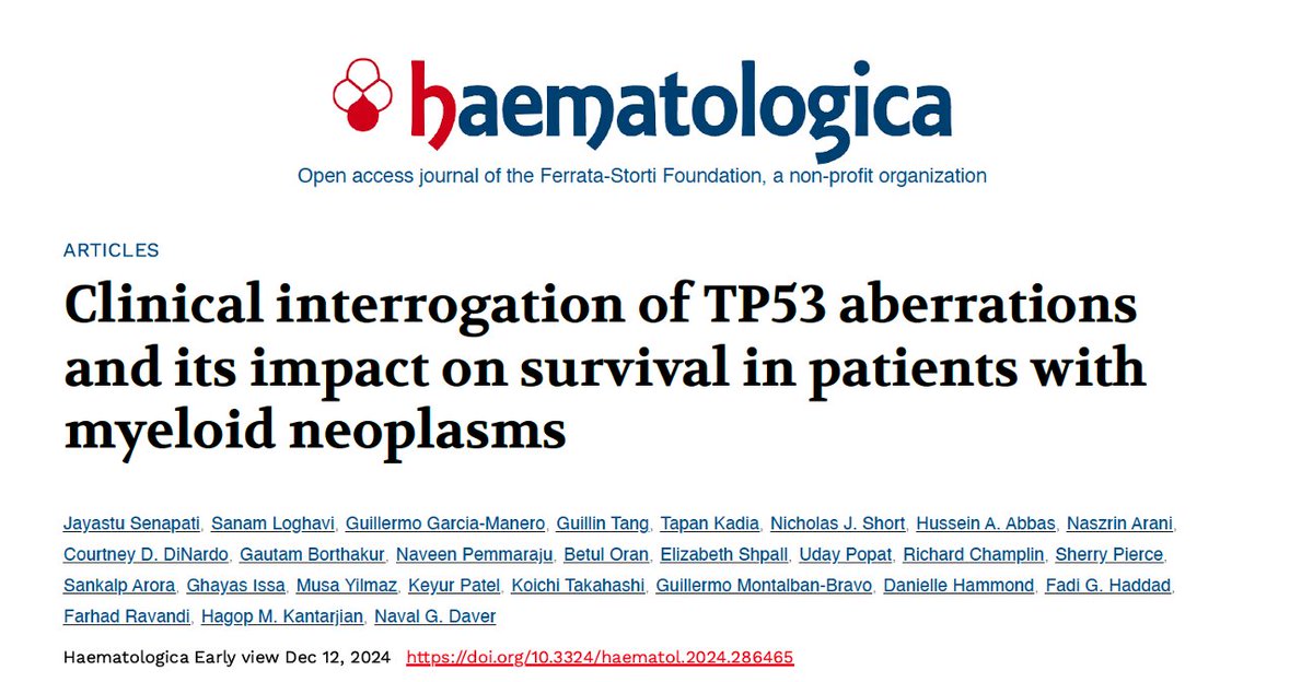 Jayastu Senapati (@jayastumd) on Twitter photo ➡️ Check out our paper on Clinical interrogation of TP53 aberrations and its impact on survival in patients with myeloid neoplasms <a href="/Haematologica/">Haematologica</a>
haematologica.org/haematologica/…
✅ A clinically relevant and easy to use TP53 aberration burden stratification and a closer look at outcomes ➡️ Check out our paper on Clinical interrogation of TP53 aberrations and its impact on survival in patients with myeloid neoplasms <a href="/Haematologica/">Haematologica</a>
haematologica.org/haematologica/…
✅ A clinically relevant and easy to use TP53 aberration burden stratification and a closer look at outcomes