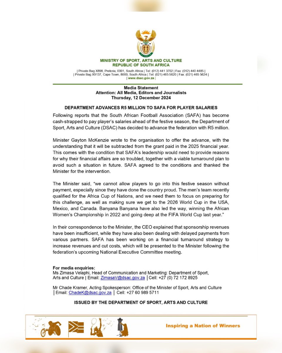 I couldn’t sit and watch our players not being paid over festive, we advanced 5 million rand to be used to pay all Bafana &amp; Banyana players including their bonuses. We also demanded a turnaround strategy from <a href="/SAFA_net/">SAFA.net</a> , our players made us proud.