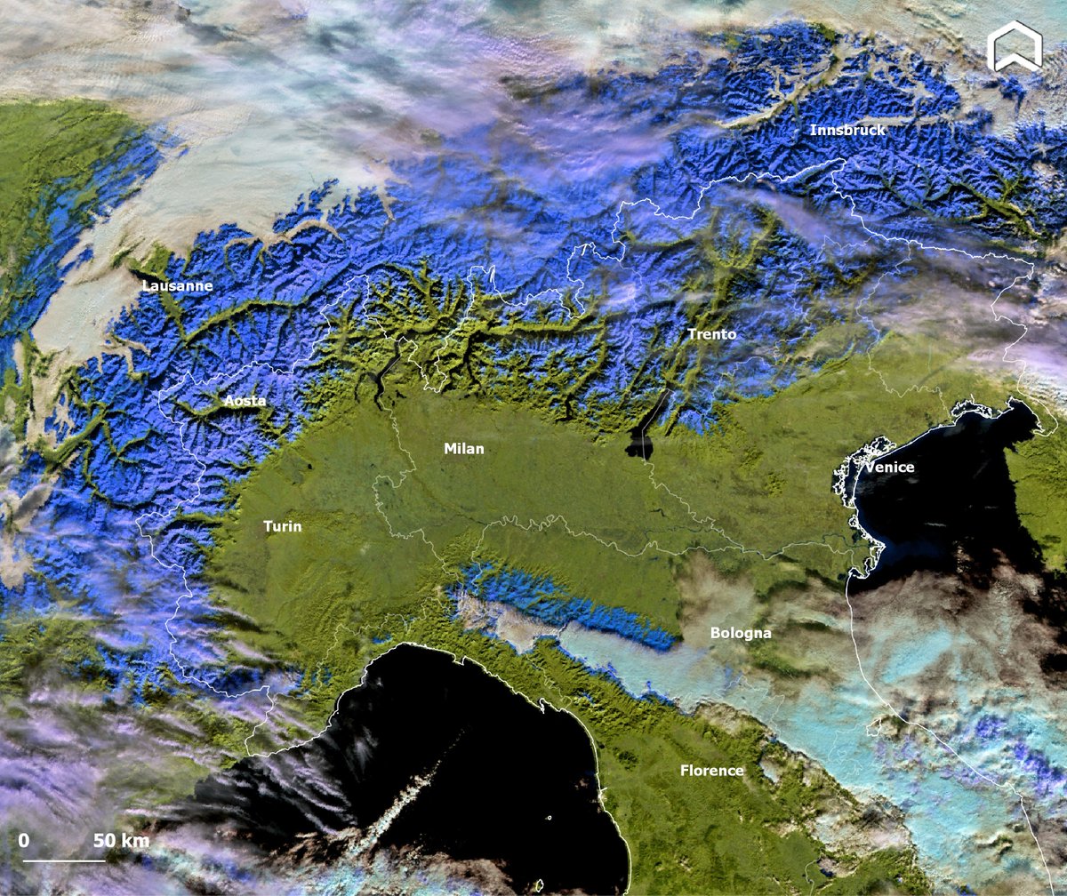 Blue snow! The #Copernicus #Sentinel3 image (false colour) captured on Dec. 11th shows the winter face of Northern #Italy with snow over #Alps and #Appennines. #winter #snow
L'#Italia centrosettentrionale vista dal satellite: in blu la neve che ha ricoperto #Alpi e #Appennini.