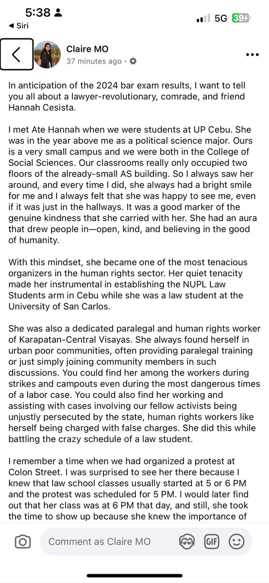 _claireo's tweet photo. As we await the bar exam results, I want to tell you all about a comrade, friend, and lawyer-revolutionary, Hannah Cesista who was martyred on Feb 25, 2024. She would have turned 27 yesterday. She passed the 2022 Bar but didn't take oath and chose to return to the masses instead. https://t.co/5GqY4jOStD