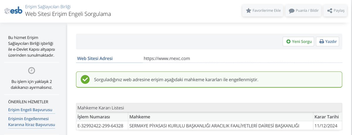 Bugün <a href="/spkgovtr/">SPK</a> bülteni bir hayli hareketli olacak gibi gözüküyor. 

Lisans için zamanında ve geçerli önbaşvuru yaparak Geçici Faaliyette Bulunanlar Listesi'ne dahil olmadığı halde faaliyetlerini sürdüren MEXC ve BitMart'a SPK'nın talebiyle erişim engeli getirildi. 🧵: